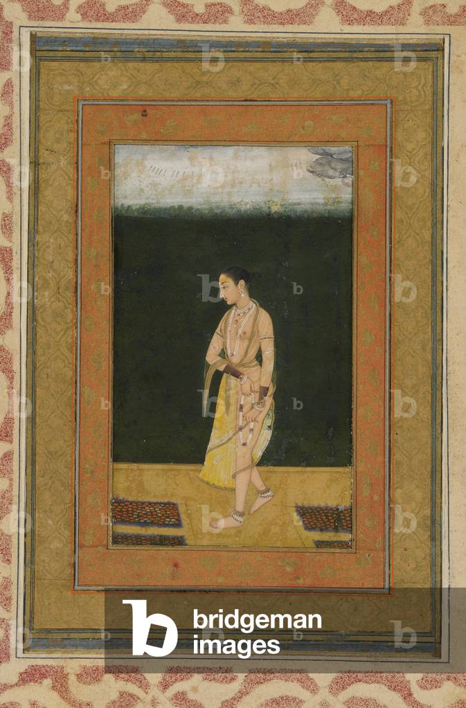 A Lady Walks in a Garden, Album folio with painting, c.1730 (opaque watercolour, ink, and gold on paper)