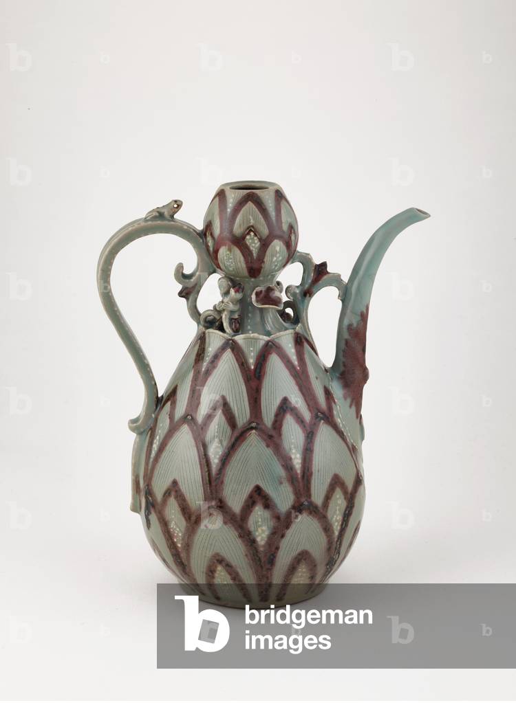 Ewer, mid 13th century (stoneware with copper-red pigment and white slip under celadon glaze )