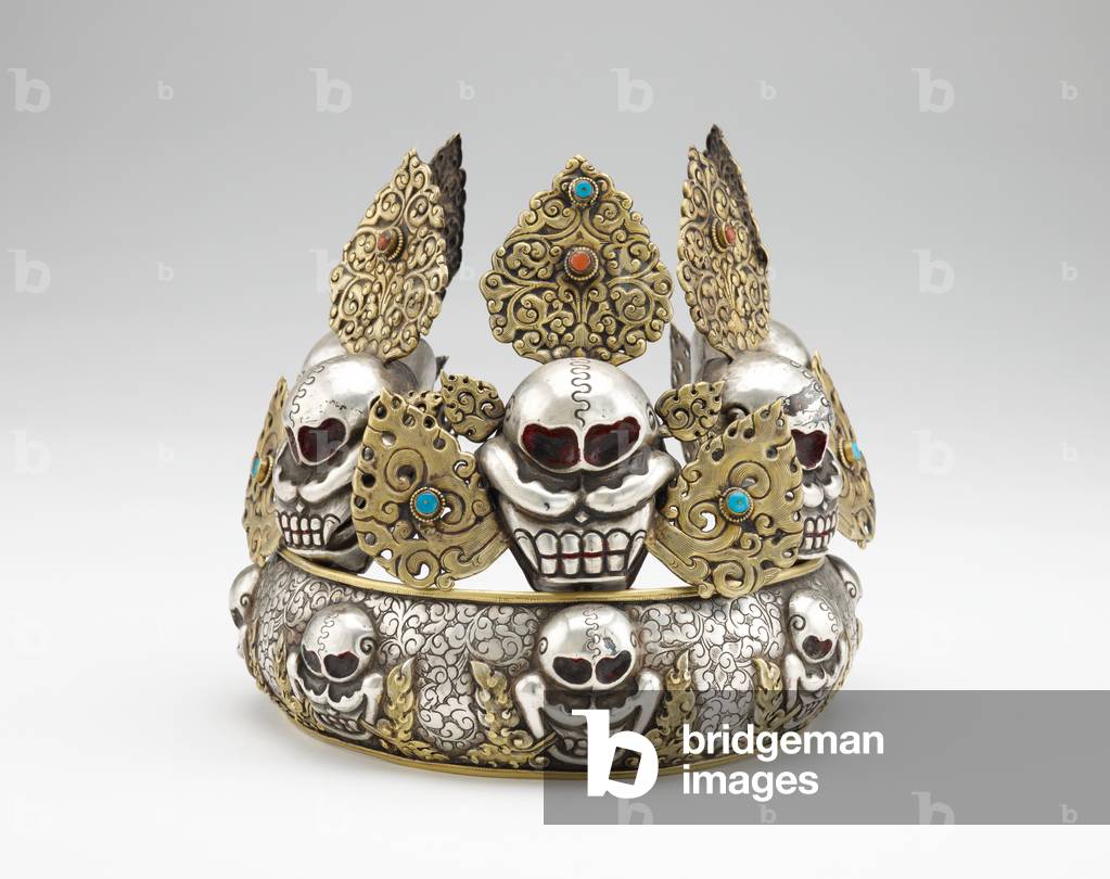 Wrathful deity riitual crown, 19th century (silver and gilt copper; coral and turquoise insets)