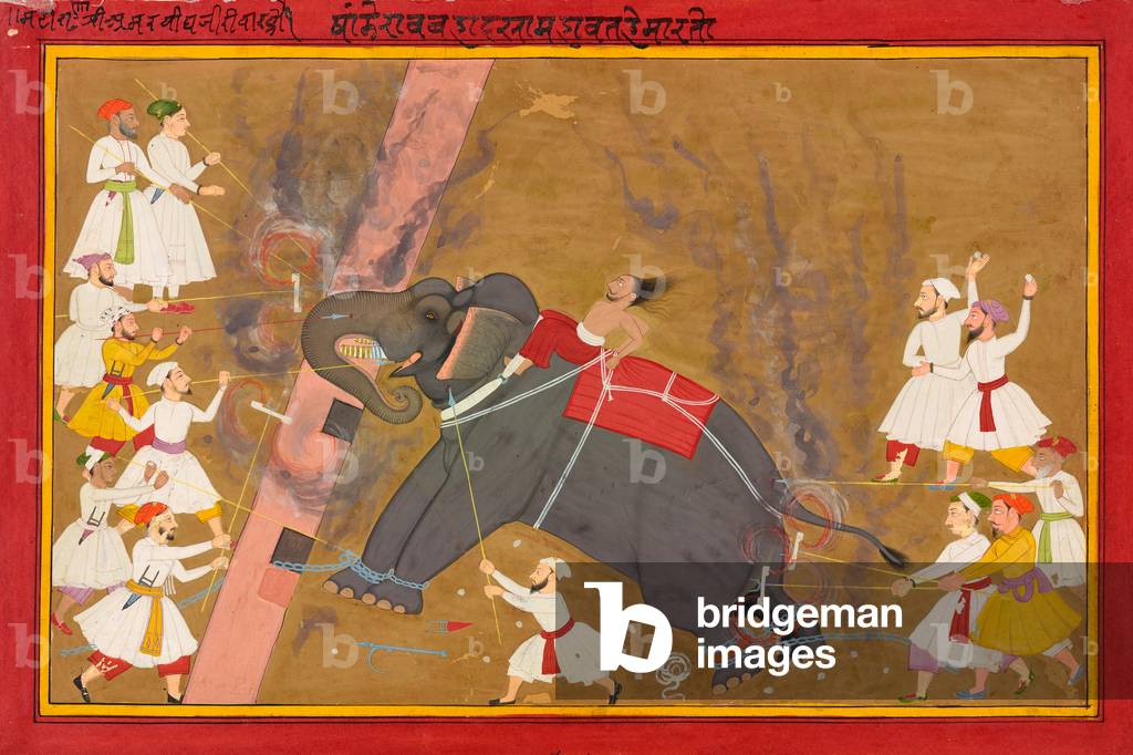 An elephant runs amok, c.1700 (opaque watercolor on paper)