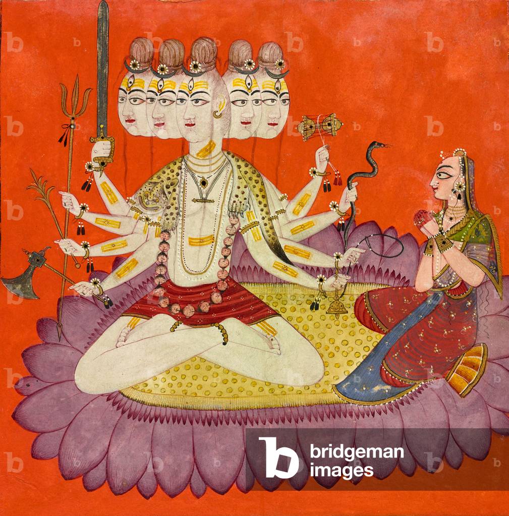 Sadashiva worshipped by Parvati, c.1690 (opaque watercolor, gold, and applied beetle wing on paper, )