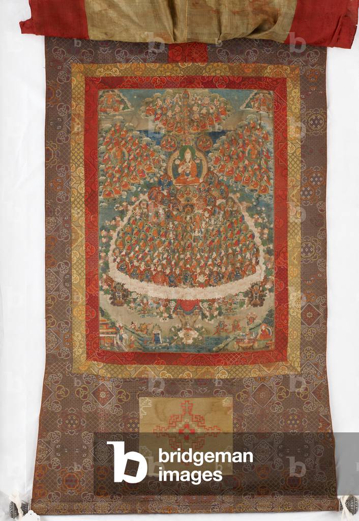 Tsong Khapa on the Jewel Tree of Refuge, late 18th-early 19th century (mineral pigments on sized cotton; Qing brocade, panel of Russian ecclesiastical fabric, silk dustcovers, and original silver caps)