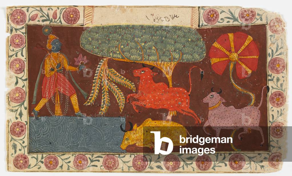 Krishna and Cows at a Pond, from a Bhagavata Purana (opaque w/c on paper)
