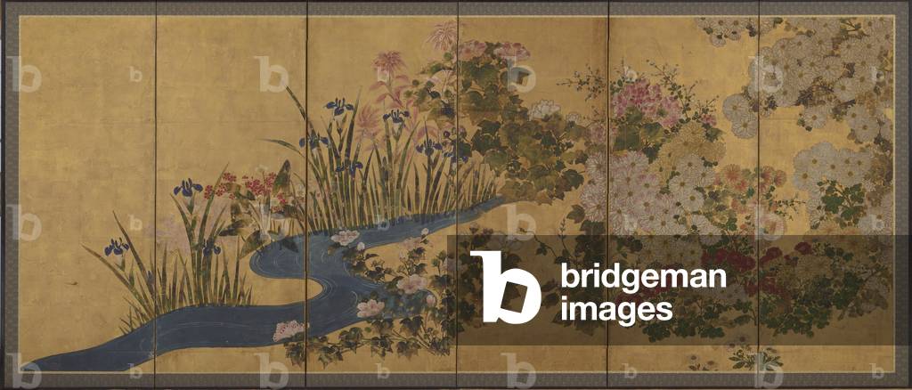 Flowers and a brook, Screens (six-panel), 18th century (colour over gold on paper)