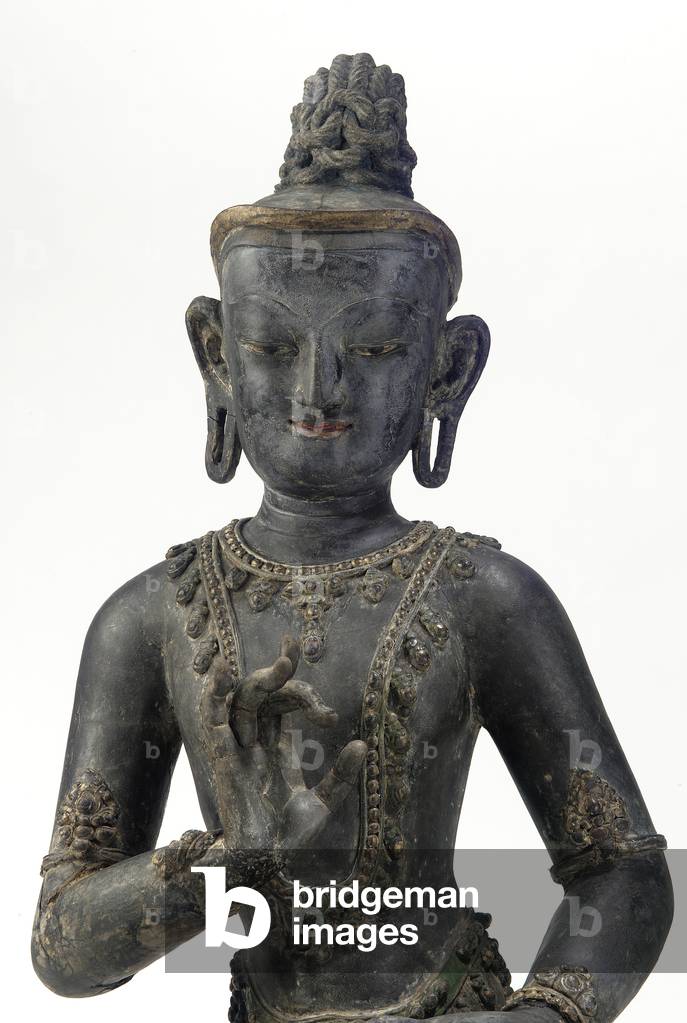 Nepalese-Chinese-style bodhisattva (lacquer, cloth, traces of blue, gold, and green paint & gold leaf)