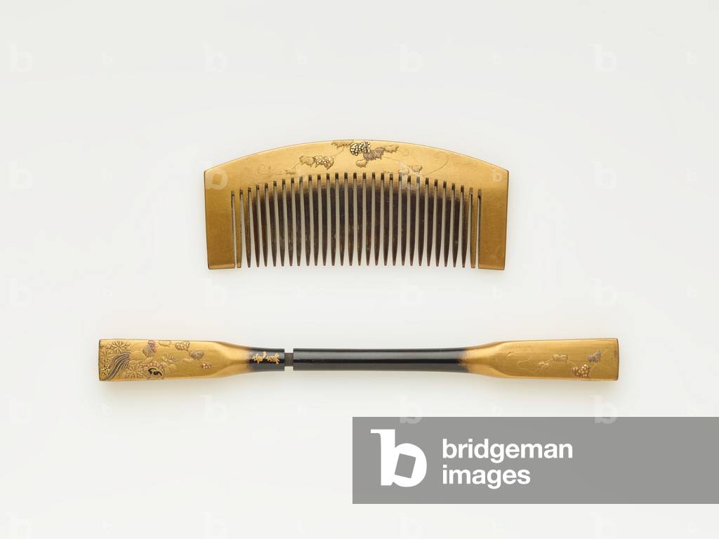 Comb and hairpin, mid 19th-early 20th century (wood with lacquer and gold)