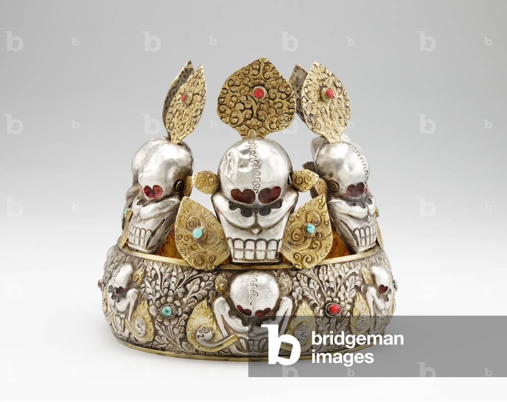 Wrathful deity ritual crown, 19th century (silver and gilt copper; coral and turquoise insets)