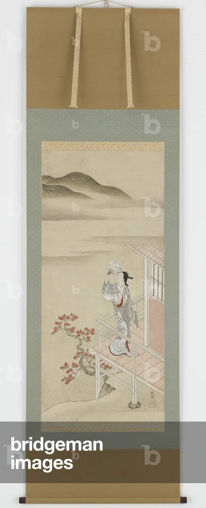 Young woman with a fan on a verandah admiring maple, Hanging scroll, 17th-18th century (ink and colour on paper)