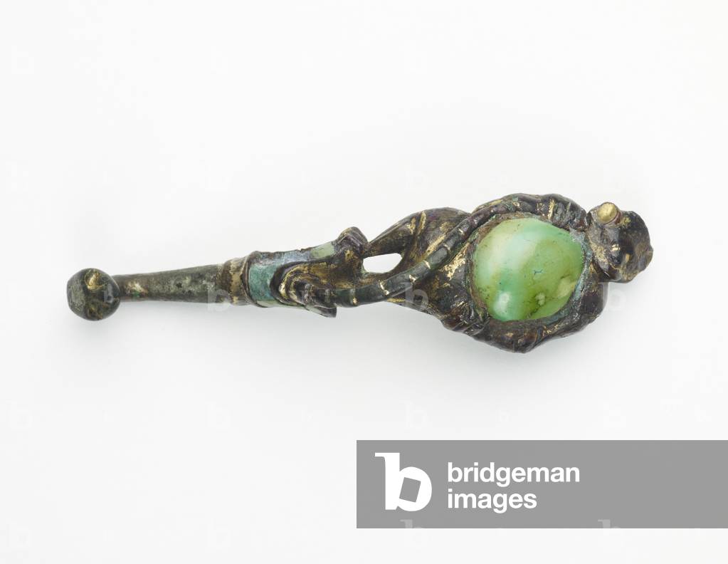Garment hook, 300-200 BC (bronze with turquoise inlay and gilding)