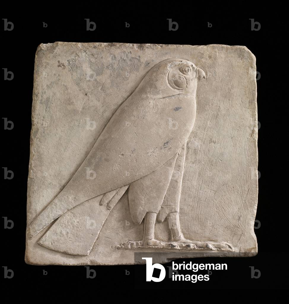 Plaque depicting a falcon, probably the god Horus, 26th Dynasty or Saite period, 664-525 BC or later (limestone)