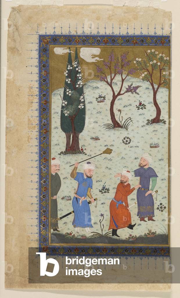 A prince enthroned surrounded by attendants, 1425-30 (opaque watercolor, ink and gold on paper)