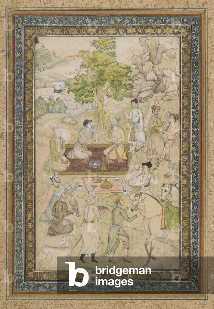 Sultan Murad and Sultan Daniyal on a Picnic, detached album folio with painting, c.1900 (opaque watercolour and ink on paper)