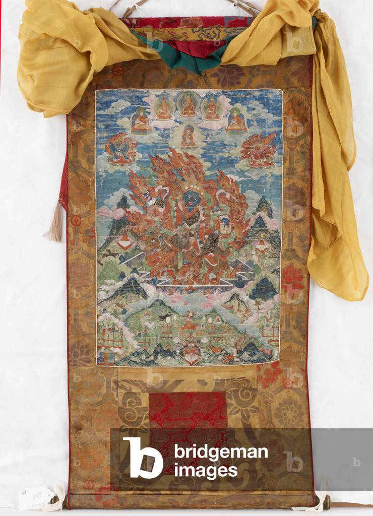 Damjen Garwa Nagpo, mid 19th century (mineral pigments on sized cotton, original Qing brocade mounts, original dustcover, Mongolian tassels and rod with caps)