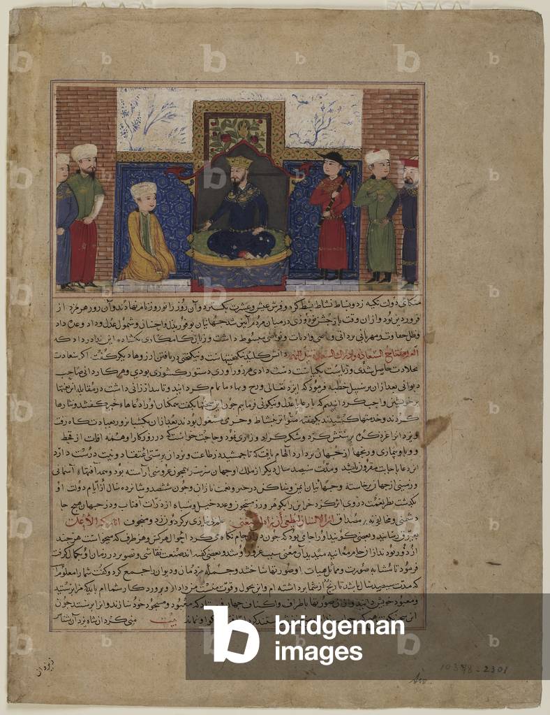 Jamshid enthroned, c.1425 (opaque watercolor, ink and gold on paper)