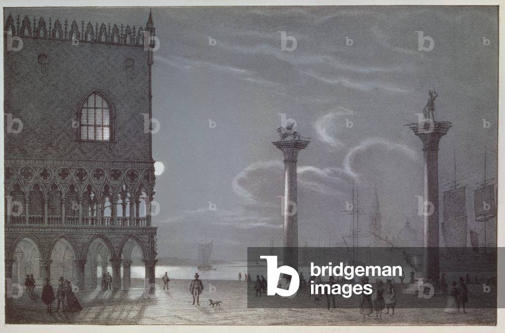 Nocturnal Scene of Palazzo Ducale and the Two Columns, Venice, engraved by Brizeghel (litho)
