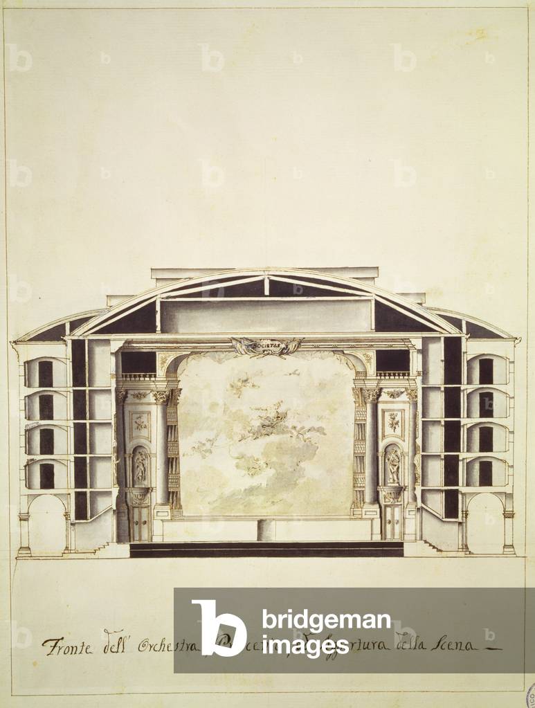 Veduta in sezione trasversale di un teatro sul Canal Grande che mostra il palcoscenico e l'orchestra, 1787 (pe