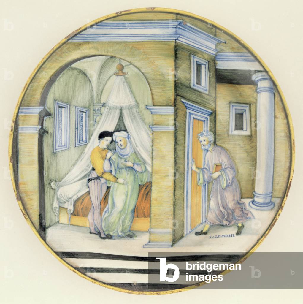 Bathsheba and David, maiolica plate, by Nicola Pellipario of Urbino (fl.1510-42)