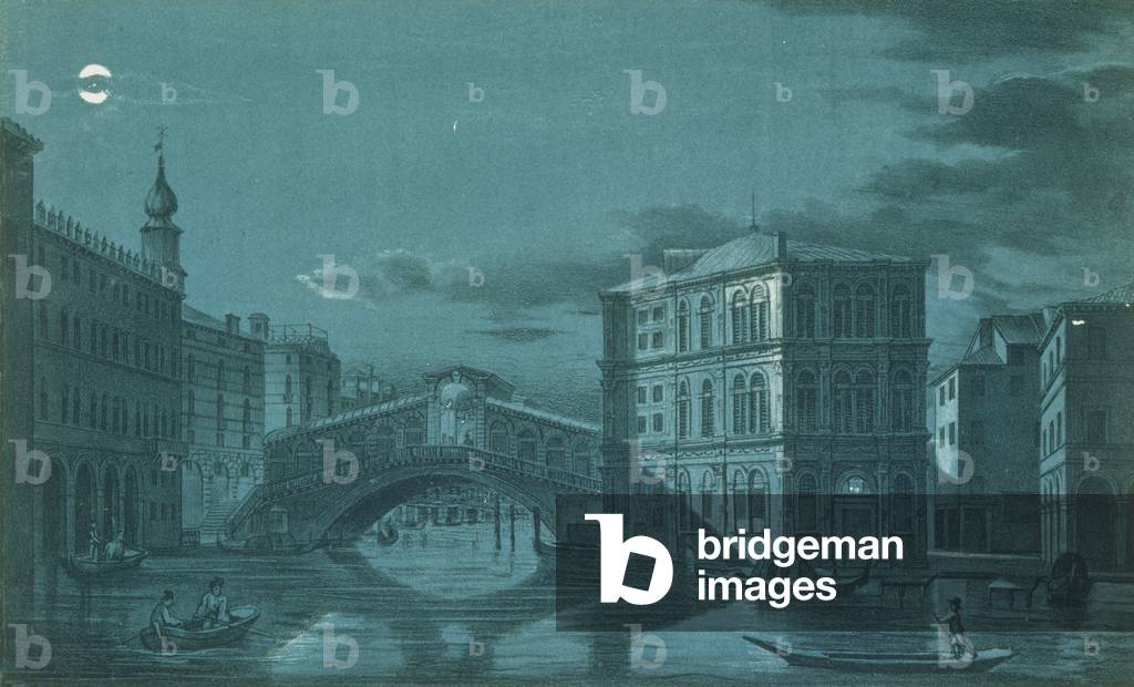 Nocturnal Scene of the Ponte di Rialto, Venice, engraved by Brizeghel (litho)