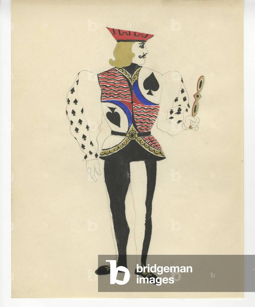 Costume design of a jack of spades for ''Jeu de Cartes'' (gouache, ink and pencil on paper)