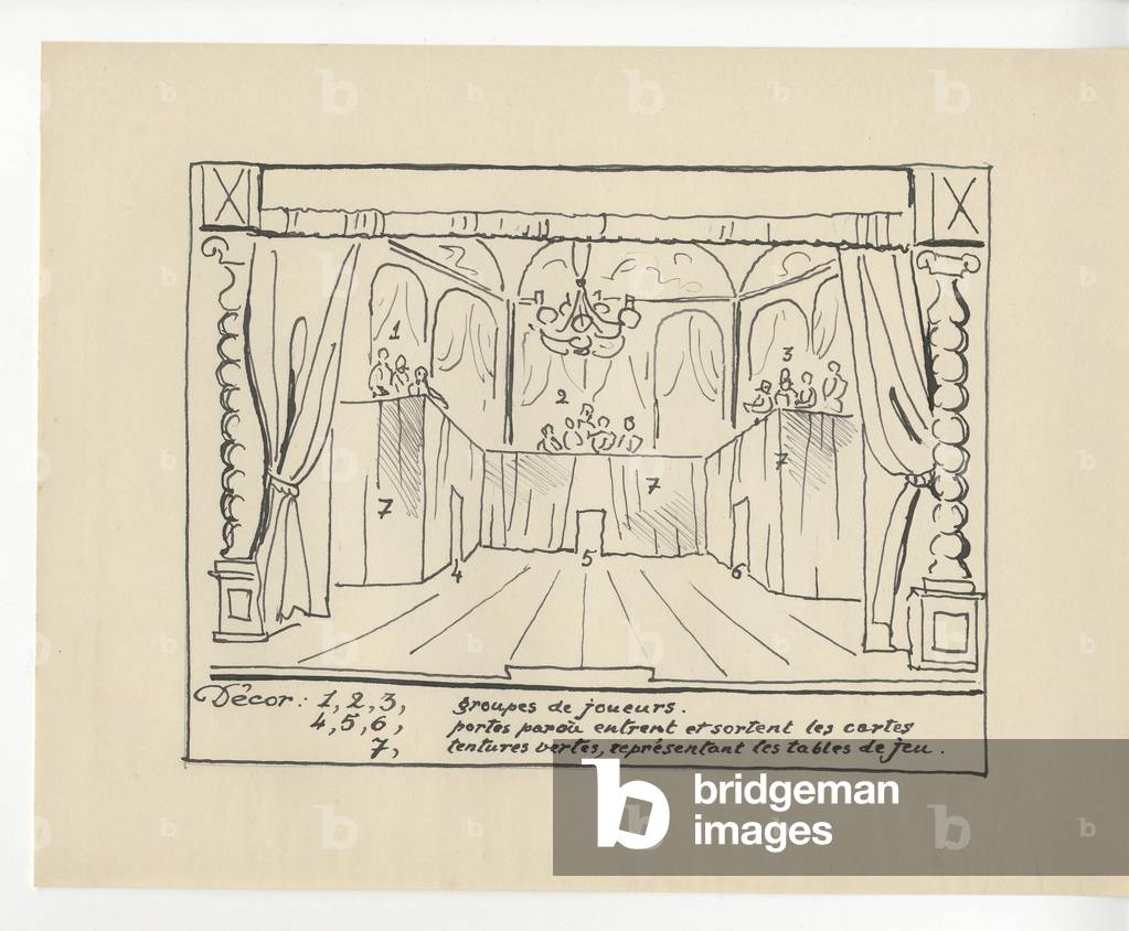Set design with three groups of players on a stage above three doors for 'Jeu de Cartes' (ink on paper)