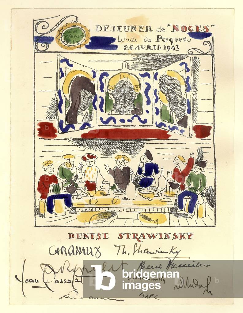 Personal sheet for Denise Stravinsky, lunch of 'Les Noces', signed by everyone having worked on the publication, 1943 (w/ced photomechanical print on paper)