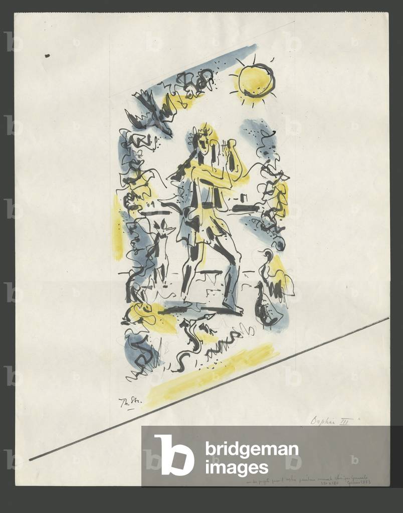 Orpheus, crowned with leaves, playing the lyre, 1963 (ink and w/c on paper)