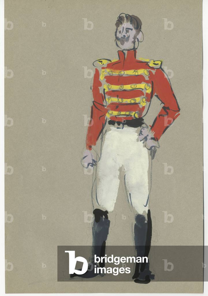 Costume design of a hussar for 'Mavra', 1960 (gouache and pencil on paper)