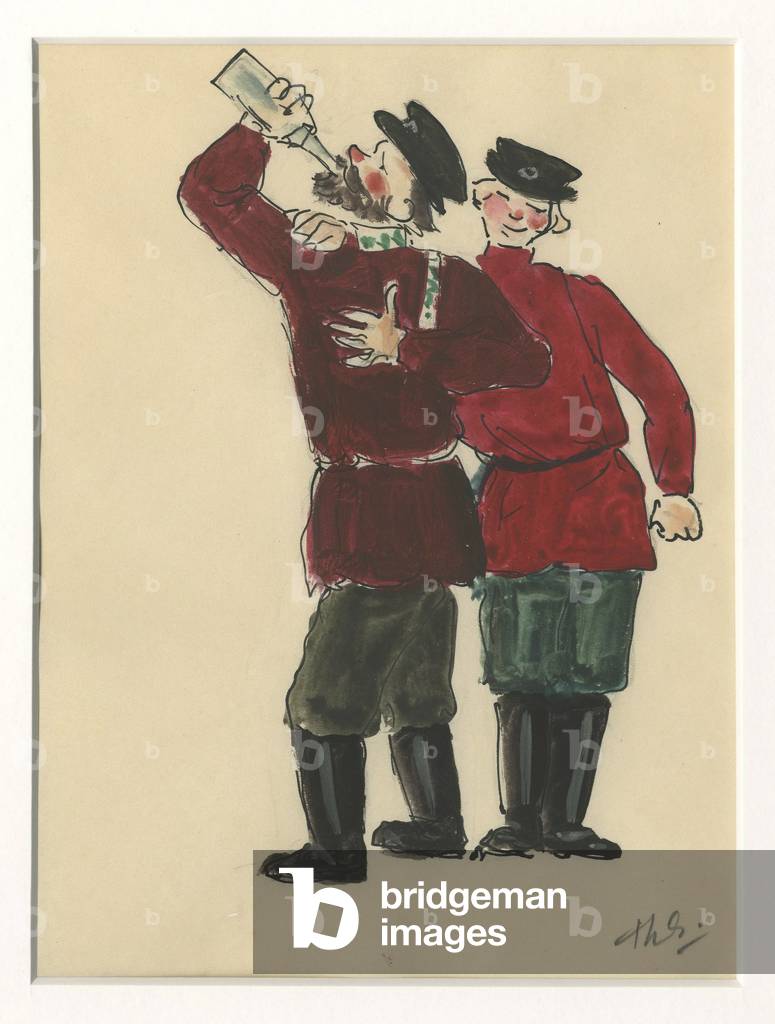 Costume design of two drunkards for 'Petrushka', 1944 (ink and gouache on paper)