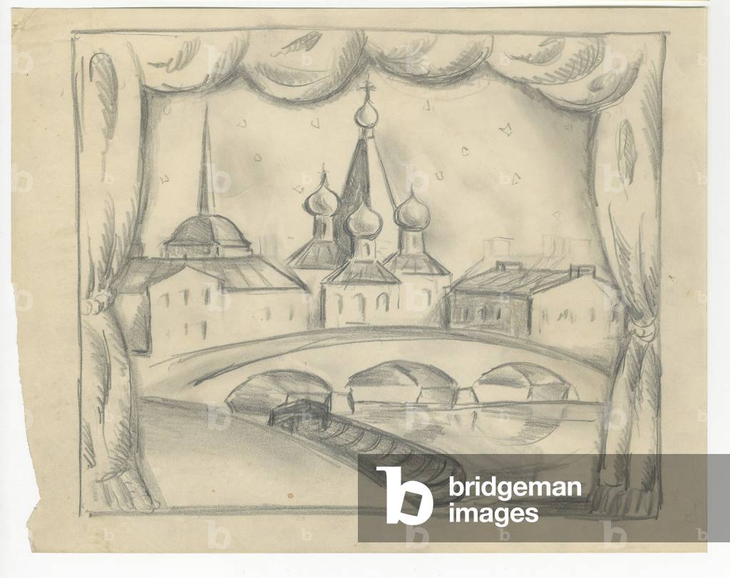 Set design of a city with a bridge and a boat in the forefront for 'Mavra', 1925 (pencil on paper)