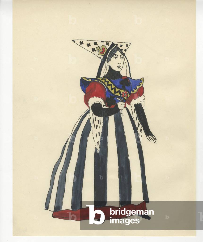 Costume design of a queen of clubs for 'Jeu de Cartes' (gouache, ink and pencil on paper)