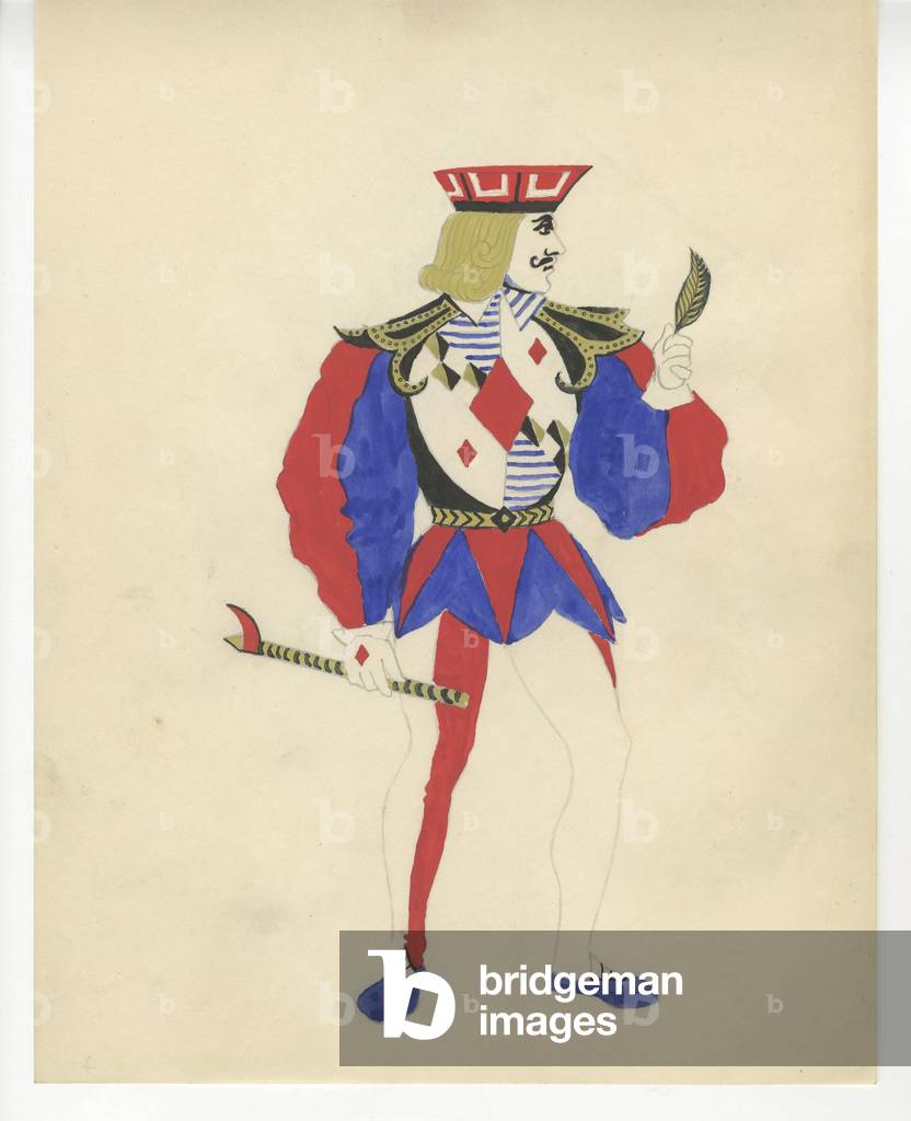 Costume design of a jack of diamonds for ''Jeu de Cartes'' (gouache, ink and pencil on paper)