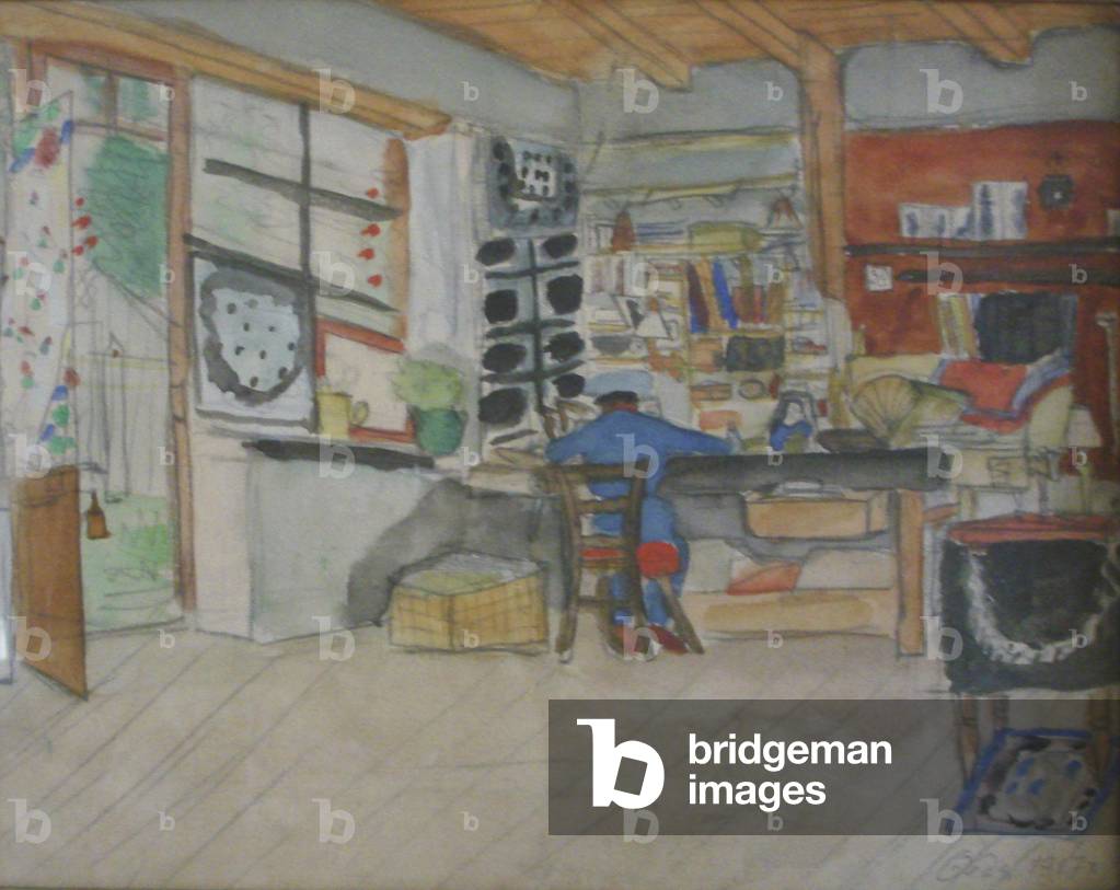 Igor Stravinsky composing Les Noces in the workshop of Chalet Les Fougères, in Diablerets, Switzerland, 1917 (w/c and pencil)