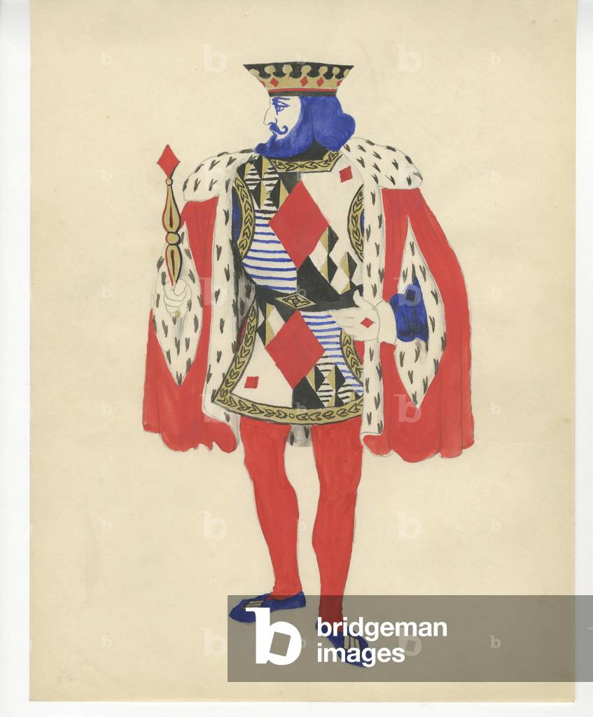 Costume design of a king of diamonds for 'Jeu de Cartes' (gouache, ink and pencil on paper)