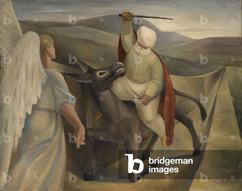 The Prophet Balaam beating the donkey who can see the Angel in front of him