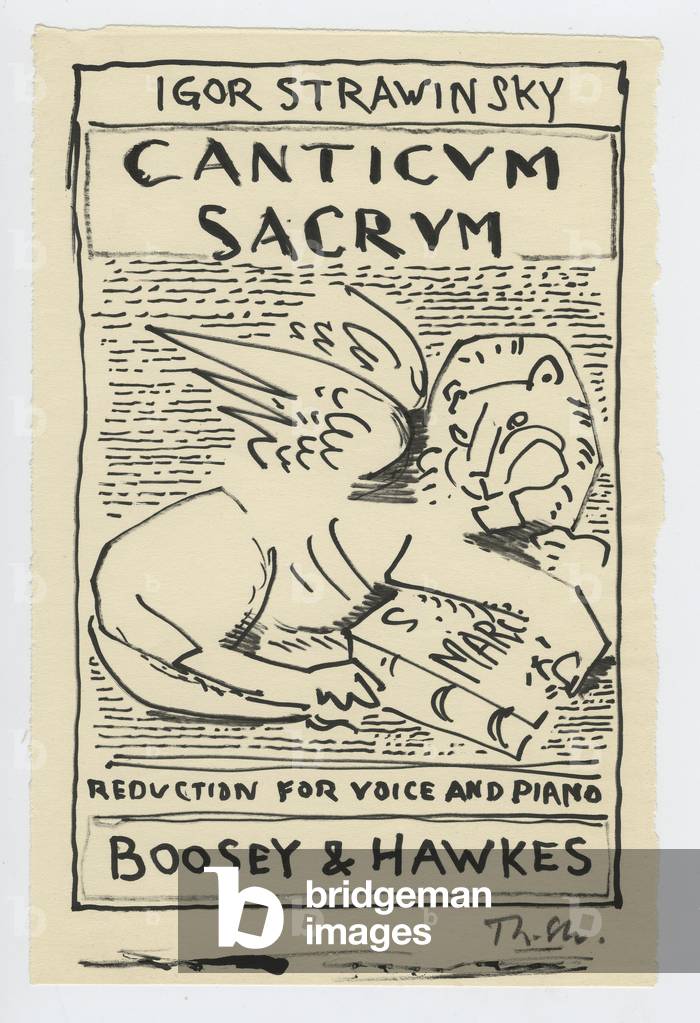 A winged lion on a study for sheet music cover for Canticum Sacrum, 1956 (felt pen on paper)