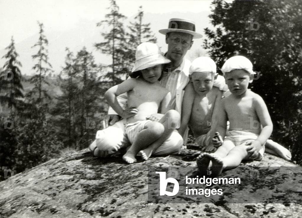 Igor Stravinsky with his three older children, Salvan, Switzerland, 1914 (b/w photo)