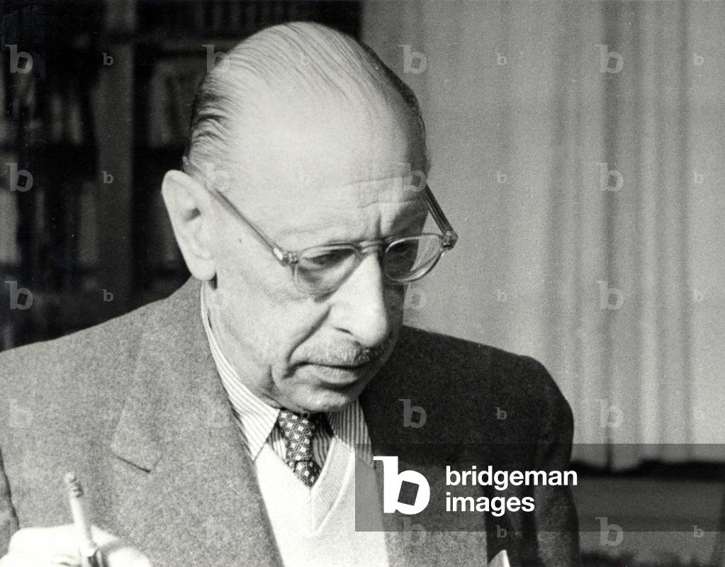 Igor Stravinsky in his son Théodore's flat in Geneva, 1952 (b/w photo)