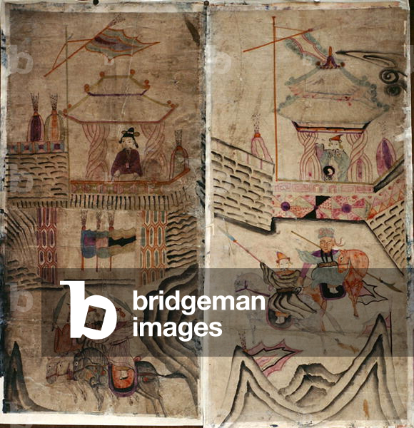 Two panels of an eight fold screen depicting 'A Story of Three Kingdoms' (natural pigments on paper)