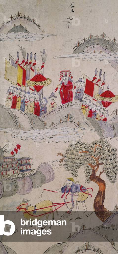 A panel from an eight fold screen depicting famous stories of China (natural pigments on paper)