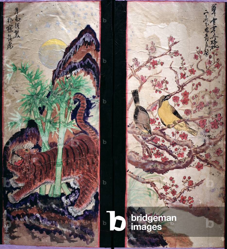 Due pannelli di uno schermo a otto pieghe raffiguranti uccelli e fiori (pigmenti naturali su carta)