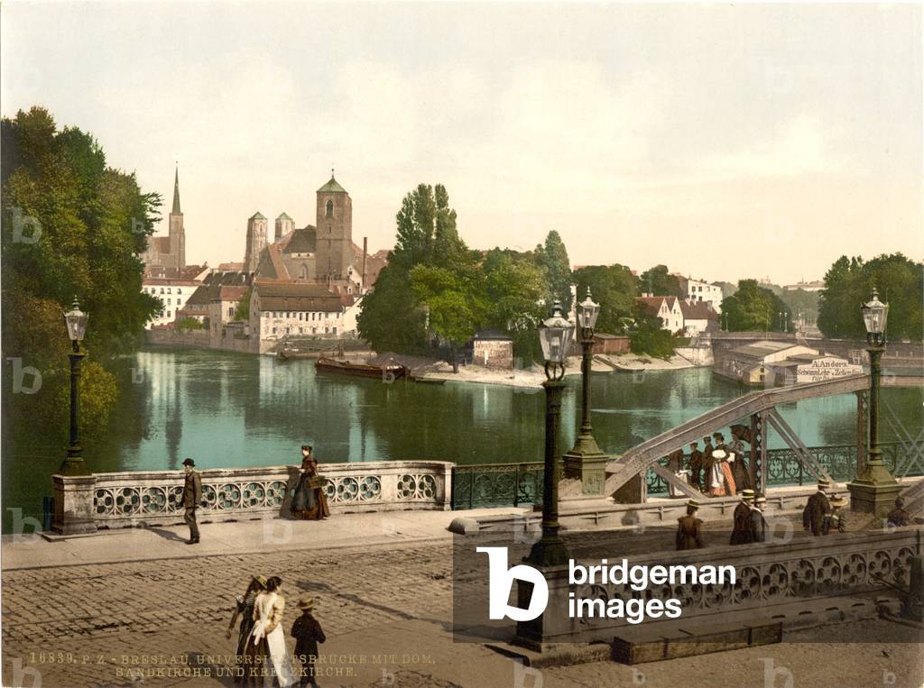 University Bridge with Cathedral, Sandkirche and Church of the Cross, Breslau, Silesia, Germany, c.1900 (colour litho)
