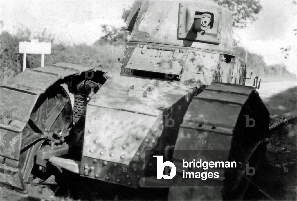 An abandoned French tank FT-31 on the edge of a road, France, 1940 (b/w photo)