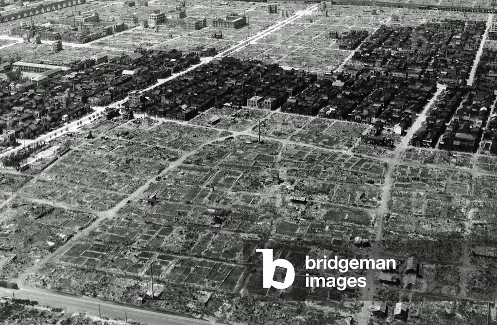 A view of some of the damage in Tokyo after an incendiary bombing, Japan, 1945 (b/w photo)