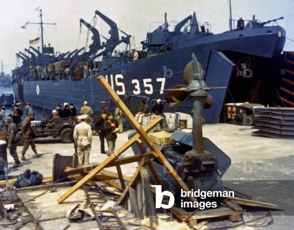 Landing Ship Tank (LST-357) loading an ambulance, Portland, England, 5th June 1944 (photo)