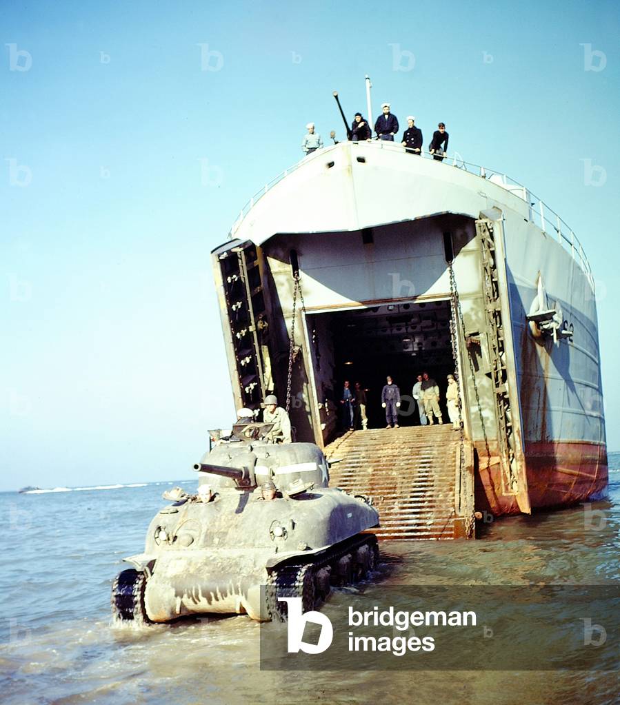 An American Sherman Tank M4A1(76)W is rolling out of the Landing Ship Tank (LST), Normandy, France, July 1944 (photo)