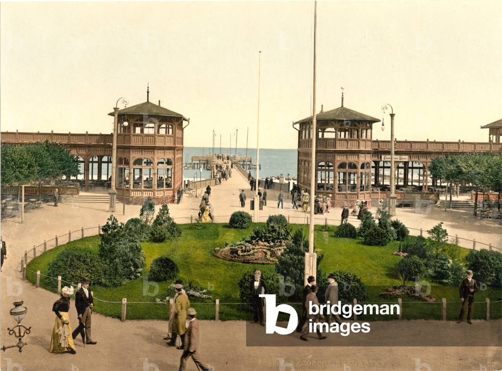 Kurgarten and Landungsbrücke, Zoppot, East Prussia, Germany, c.1900 (colour litho)