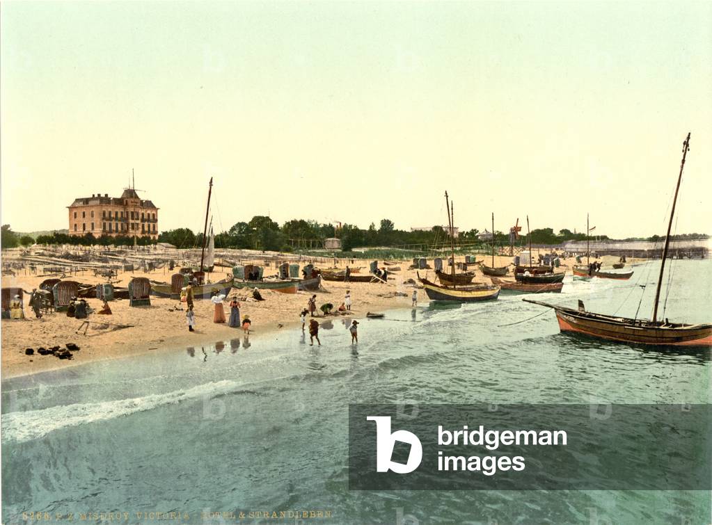 Hotel Victoria and beach, Misdroy, Germany, c.1900 (colour litho)