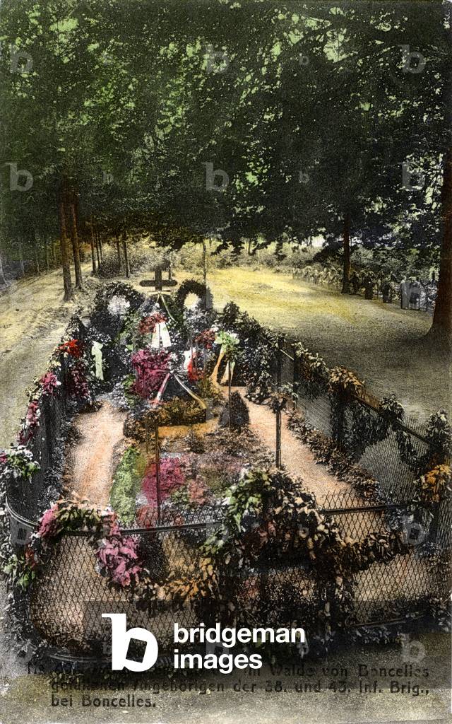 A soldier's grave in the forest of Boncelles with Germans of the 38th and 43rd Infantry Brigade killed near at Liege, 1918 (colour litho)