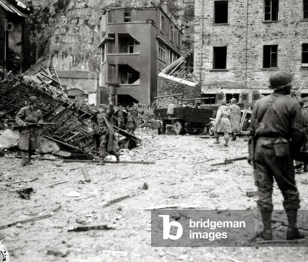 More than 300 German soldiers were captured in the lower sections of the underground Fort du Roule after several attacks by American demolition crews of the 314th Battalion of the 2nd Infantry Regiment of the 79th Infantry Division, Cherbourg, Normandy, France, 26th June 1944 (b/w photo)