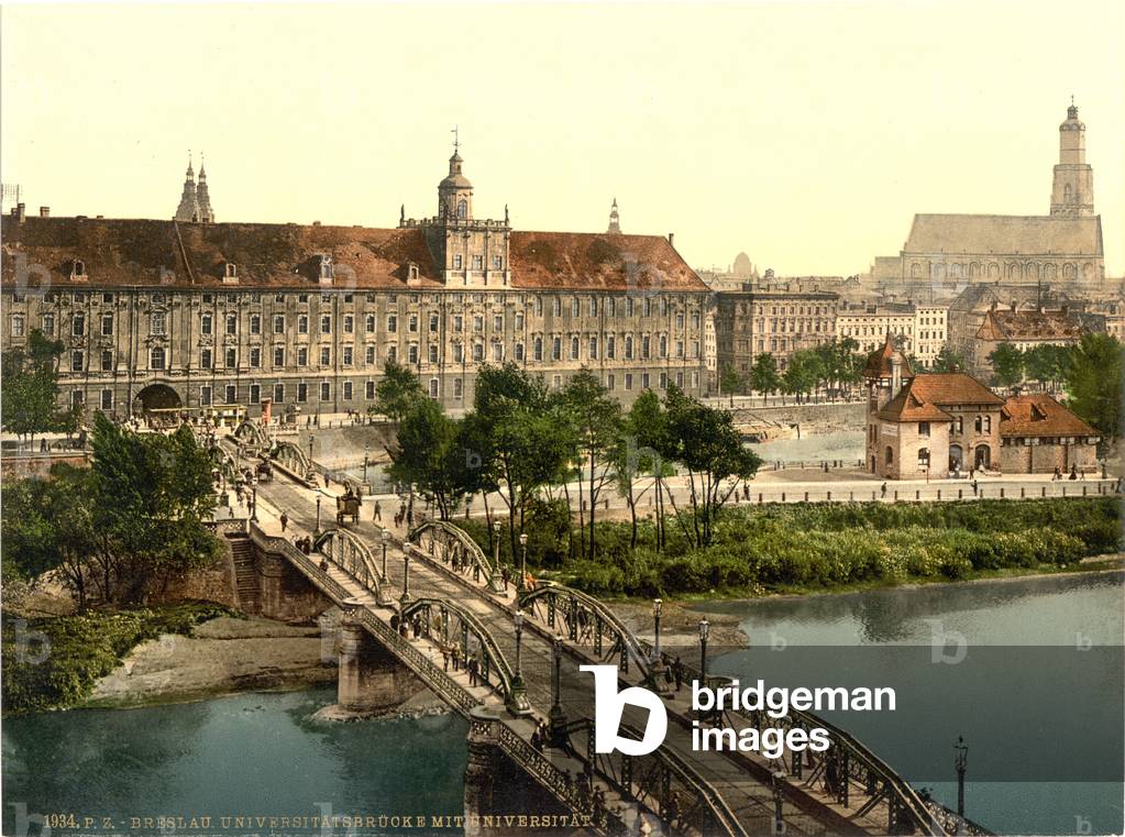University with bridge, Breslau, Silesia, Germany, c.1900 (colour litho)
